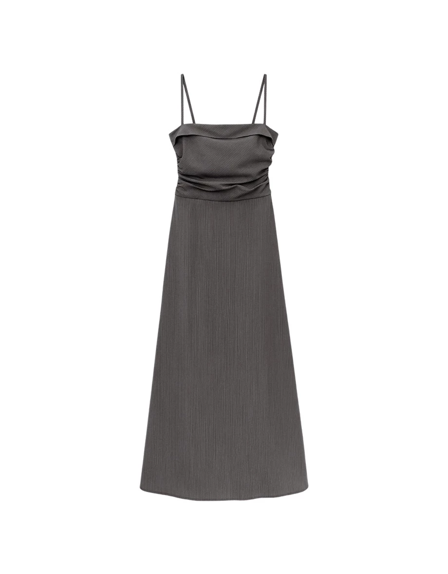 細肩帶反摺平口抓皺設計條紋傘擺長洋裝(附胸墊)