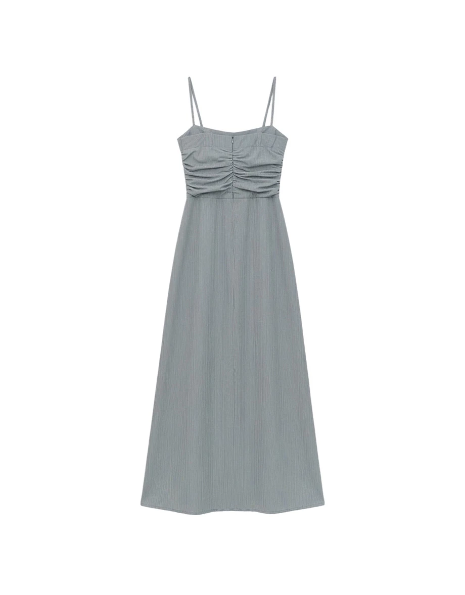 細肩帶反摺平口抓皺設計條紋傘擺長洋裝(附胸墊)