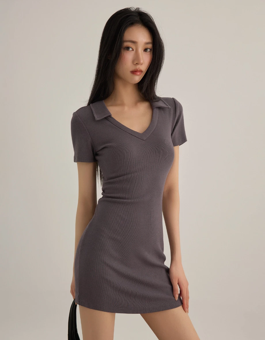 V型翻領LOGO刺繡短袖合身短洋裝