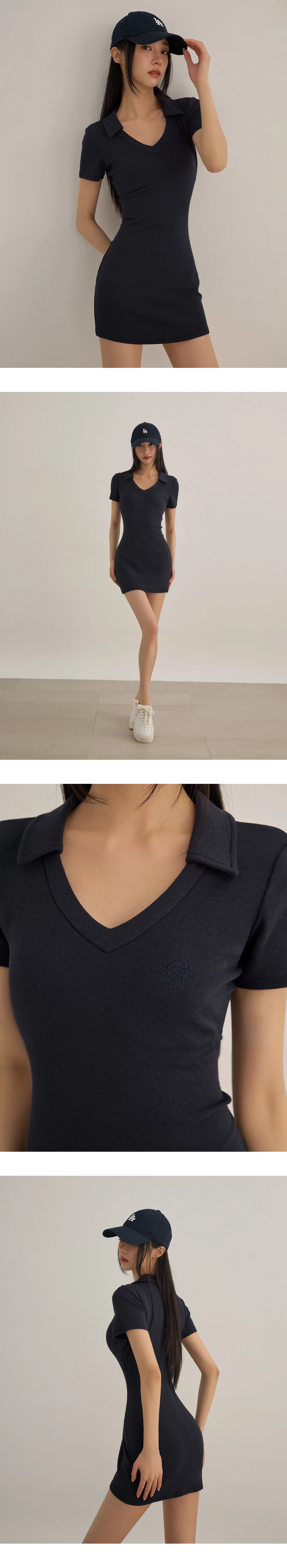 V型翻領LOGO刺繡短袖合身短洋裝