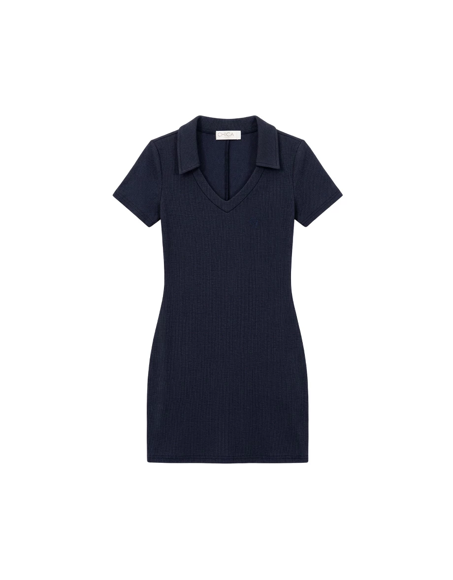 V型翻領LOGO刺繡短袖合身短洋裝