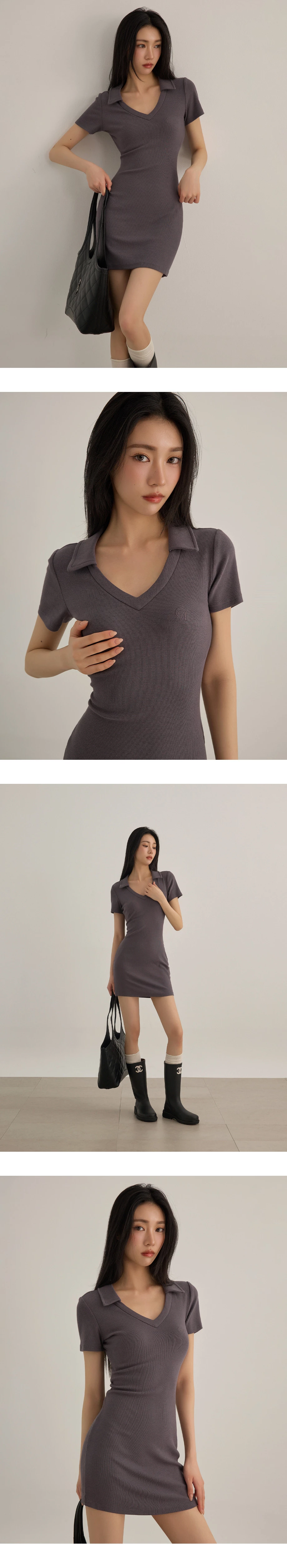 V型翻領LOGO刺繡短袖合身短洋裝