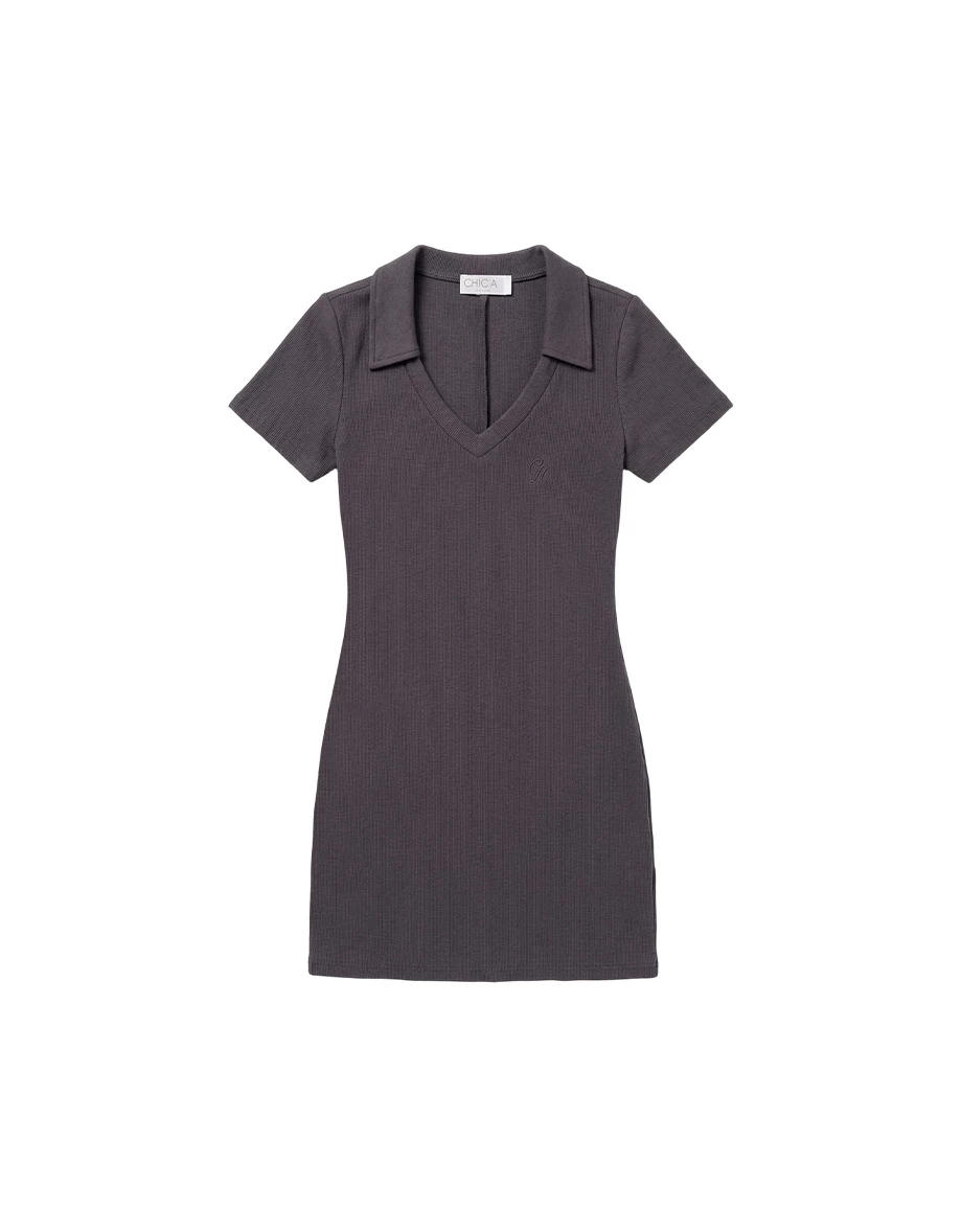 V型翻領LOGO刺繡短袖合身短洋裝