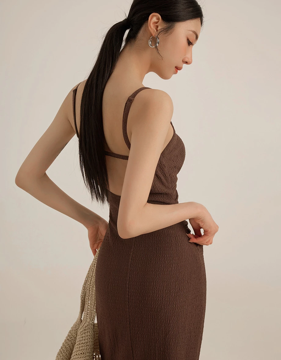Crinkled Textured Fabric Ruched Backless Padded Cami Maxi Dress