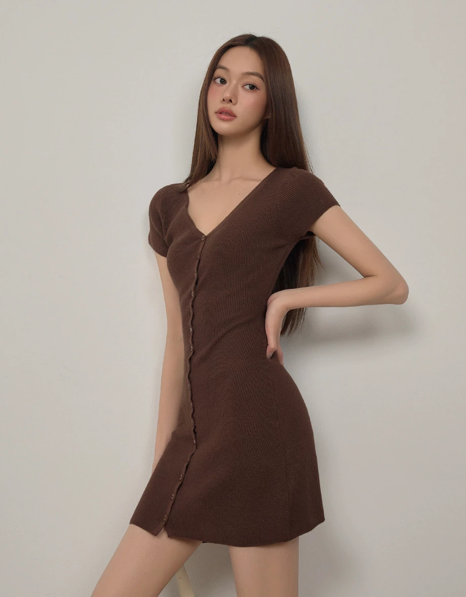 V Neck Button Front Ribbed Knit Bodycon Mini Dress