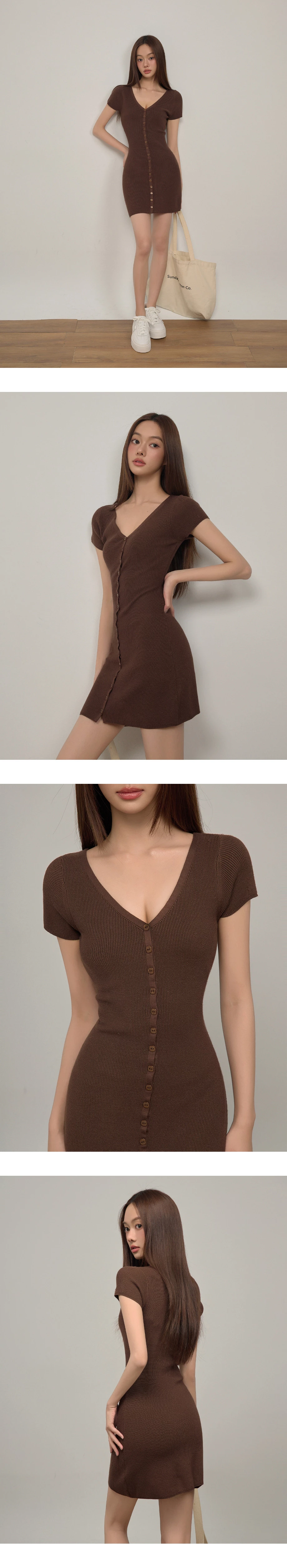 V Neck Button Front Ribbed Knit Bodycon Mini Dress V Neck Button Front Ribbed Knit Bodycon Mini Dress