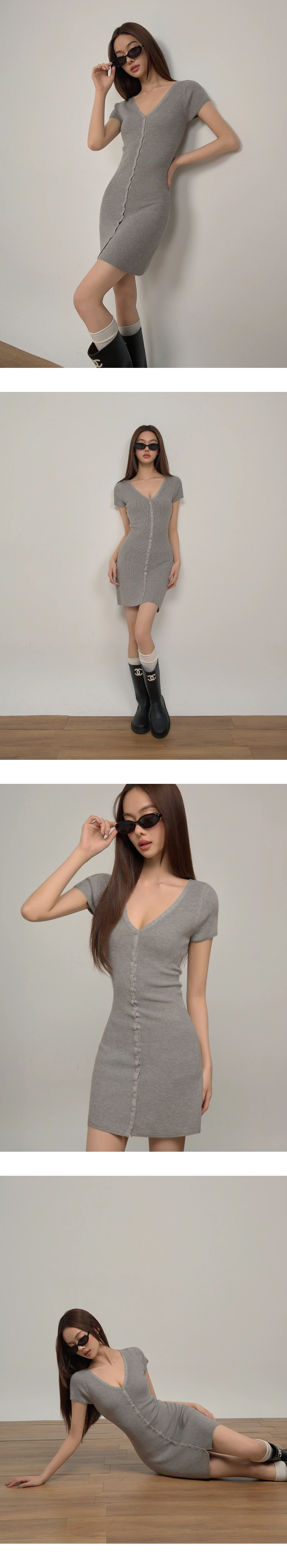 V Neck Button Front Ribbed Knit Bodycon Mini Dress V Neck Button Front Ribbed Knit Bodycon Mini Dress