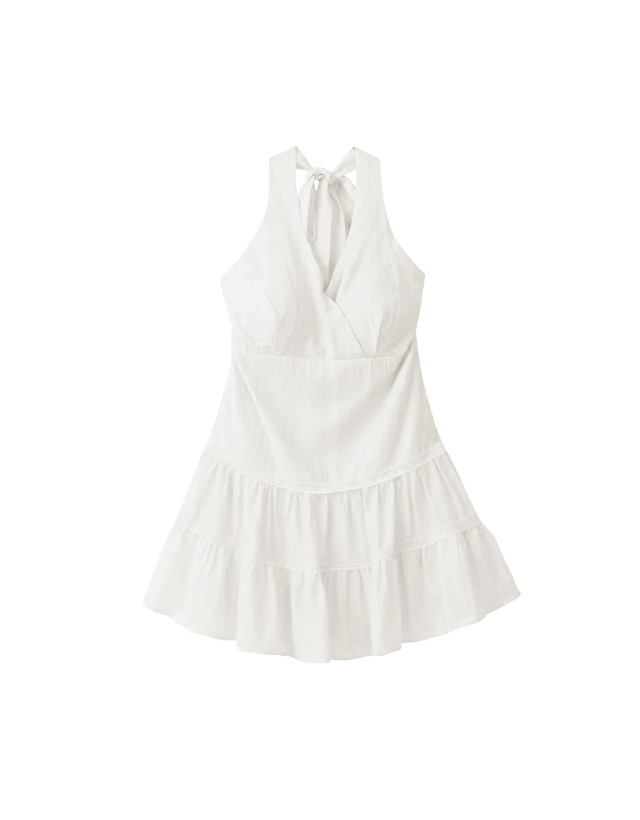 Halter Neck Cross Front V Neck Smocked Back Lace Trim Ruffle Padded Mini Dress