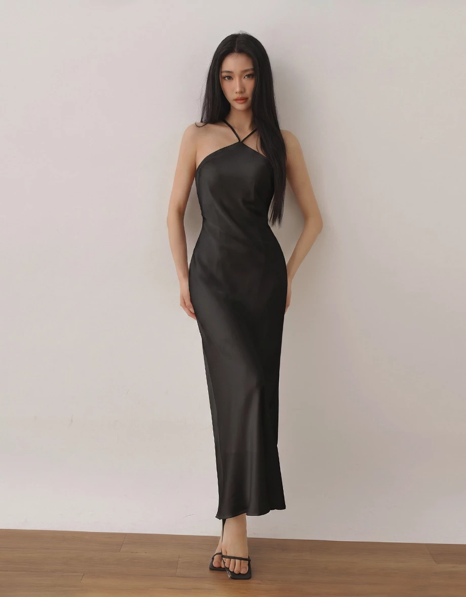 Halter Neck Cross Strap Satin Padded Maxi Dress