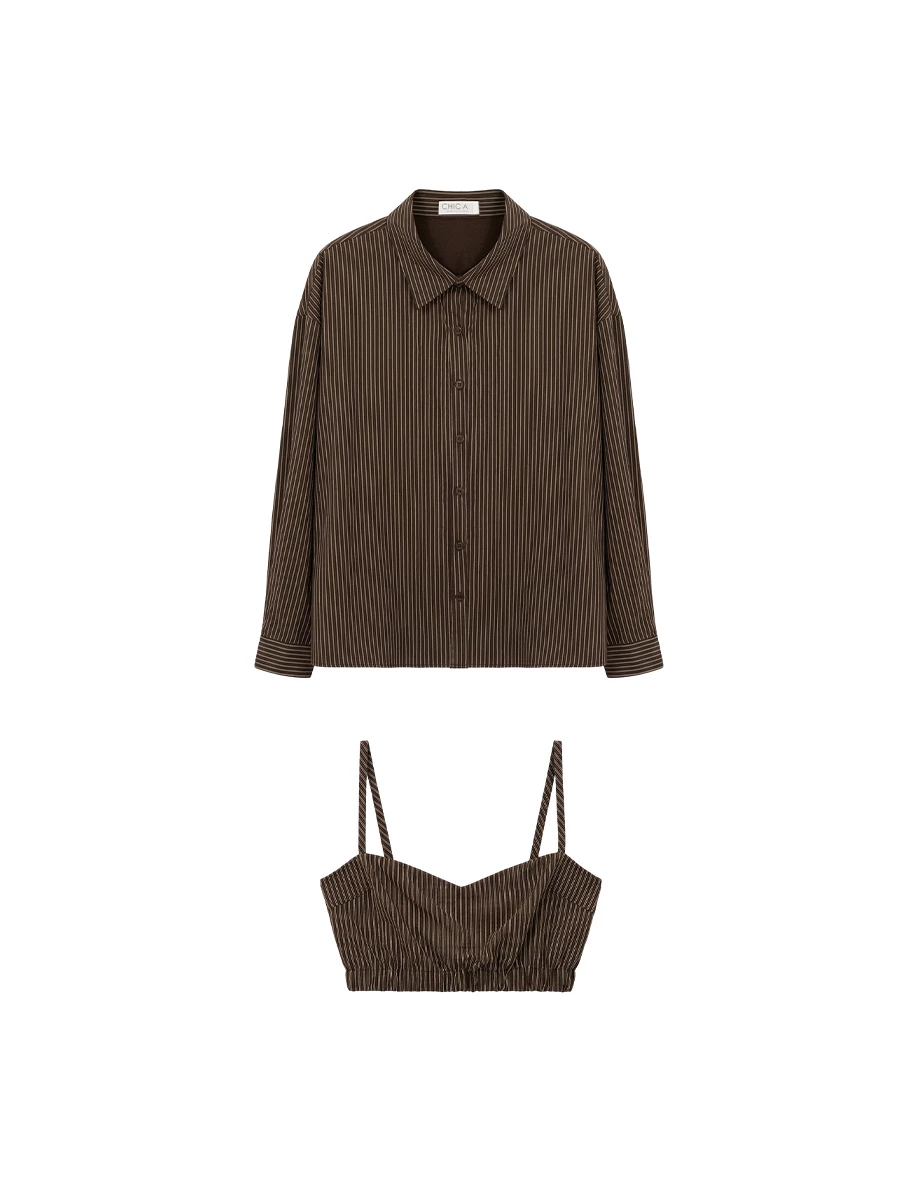 直條紋桃心領細肩帶短版背心長袖寬版襯衫套裝