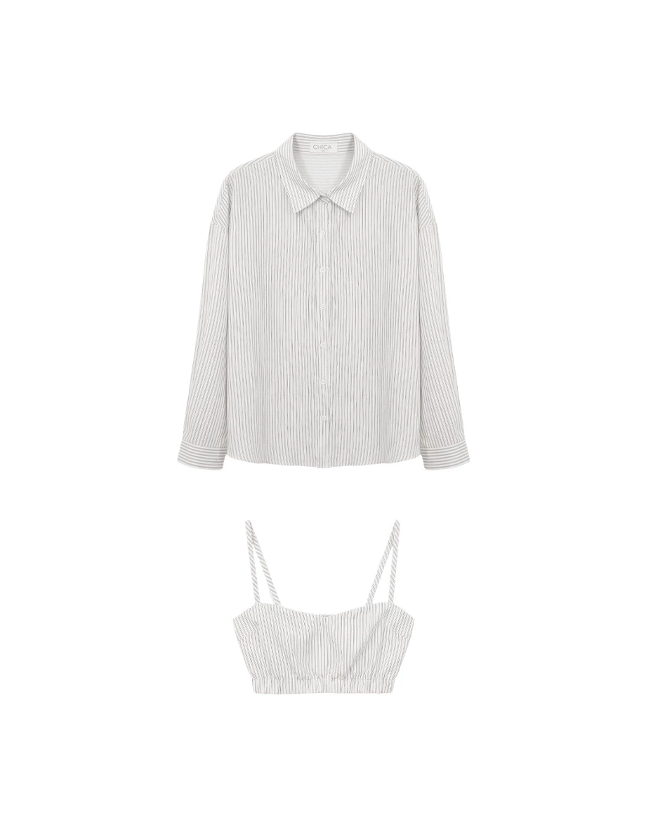 直條紋桃心領細肩帶短版背心長袖寬版襯衫套裝