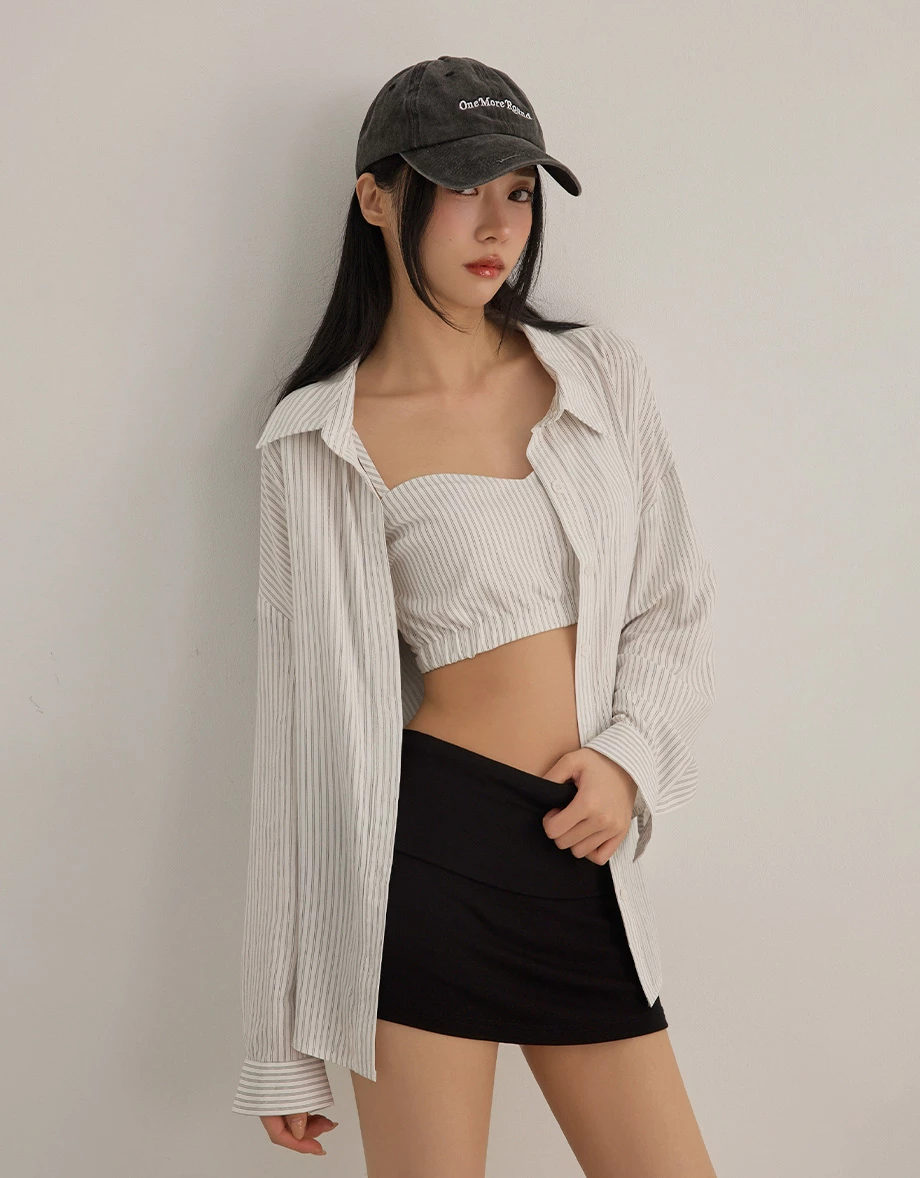直條紋桃心領細肩帶短版背心長袖寬版襯衫套裝