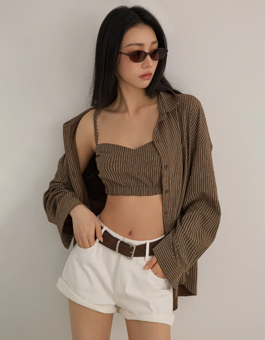 直條紋桃心領細肩帶短版背心長袖寬版襯衫套裝