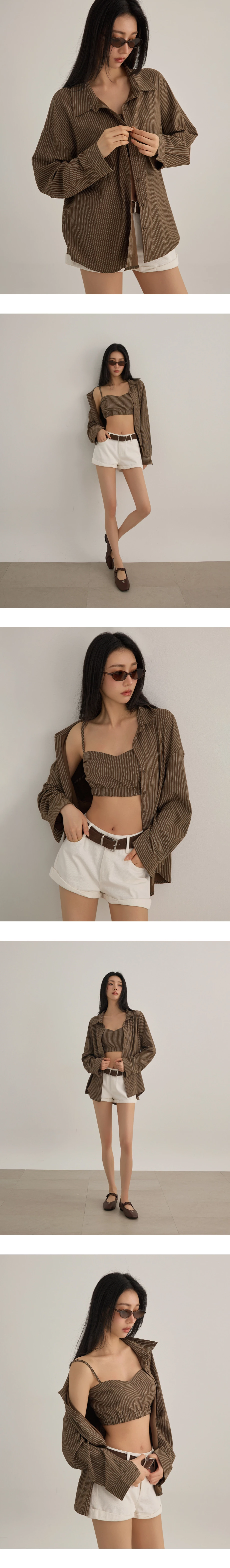 直條紋桃心領細肩帶短版背心長袖寬版襯衫套裝