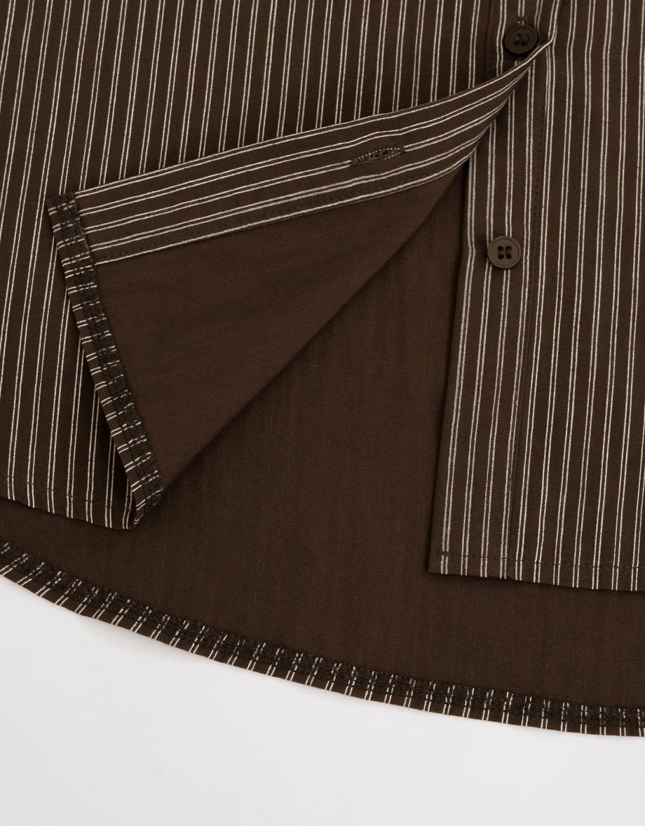 直條紋桃心領細肩帶短版背心長袖寬版襯衫套裝