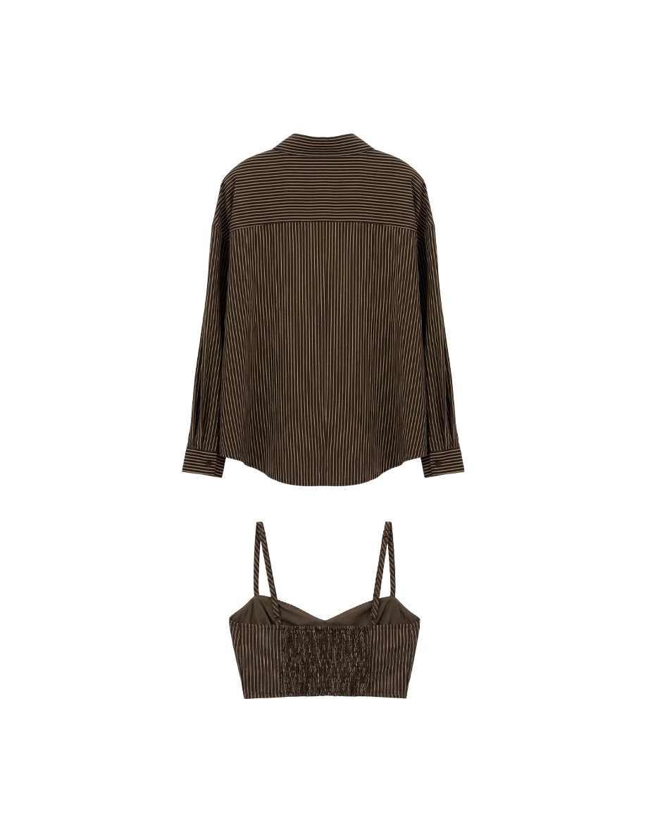 直條紋桃心領細肩帶短版背心長袖寬版襯衫套裝