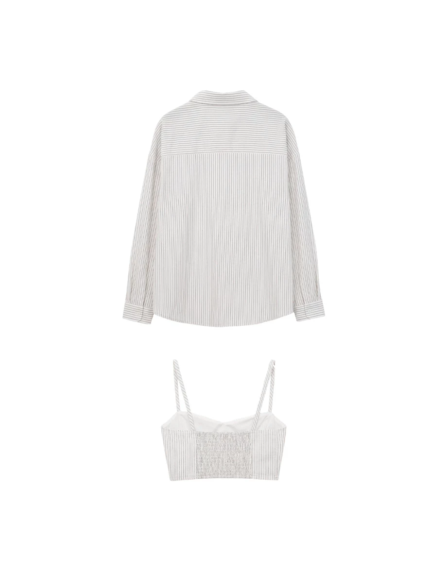 直條紋桃心領細肩帶短版背心長袖寬版襯衫套裝