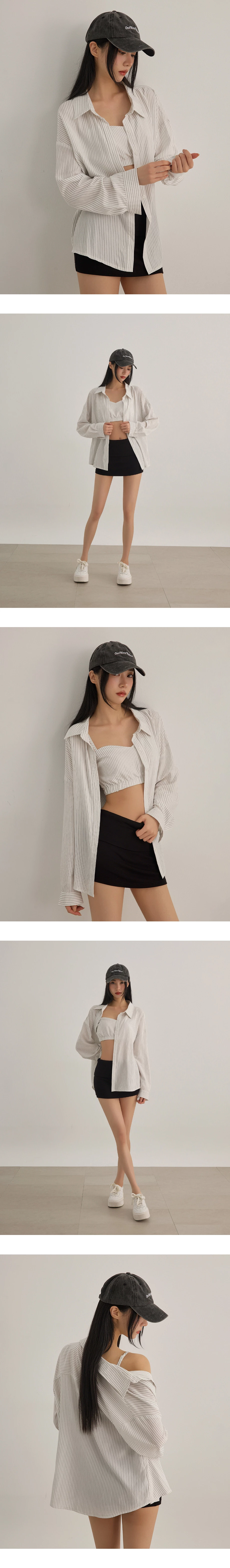 直條紋桃心領細肩帶短版背心長袖寬版襯衫套裝