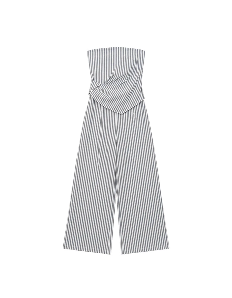 Asymmetrical Pointed Hem Side Wrap Ruched Detail Stripe Strapless Padded Jumpsuit Asymmetrical Pointed Hem Side Wrap Ruched Detail Stripe Strapless Padded Jumpsuit