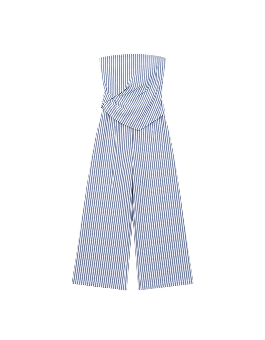 Asymmetrical Pointed Hem Side Wrap Ruched Detail Stripe Strapless Padded Jumpsuit Asymmetrical Pointed Hem Side Wrap Ruched Detail Stripe Strapless Padded Jumpsuit