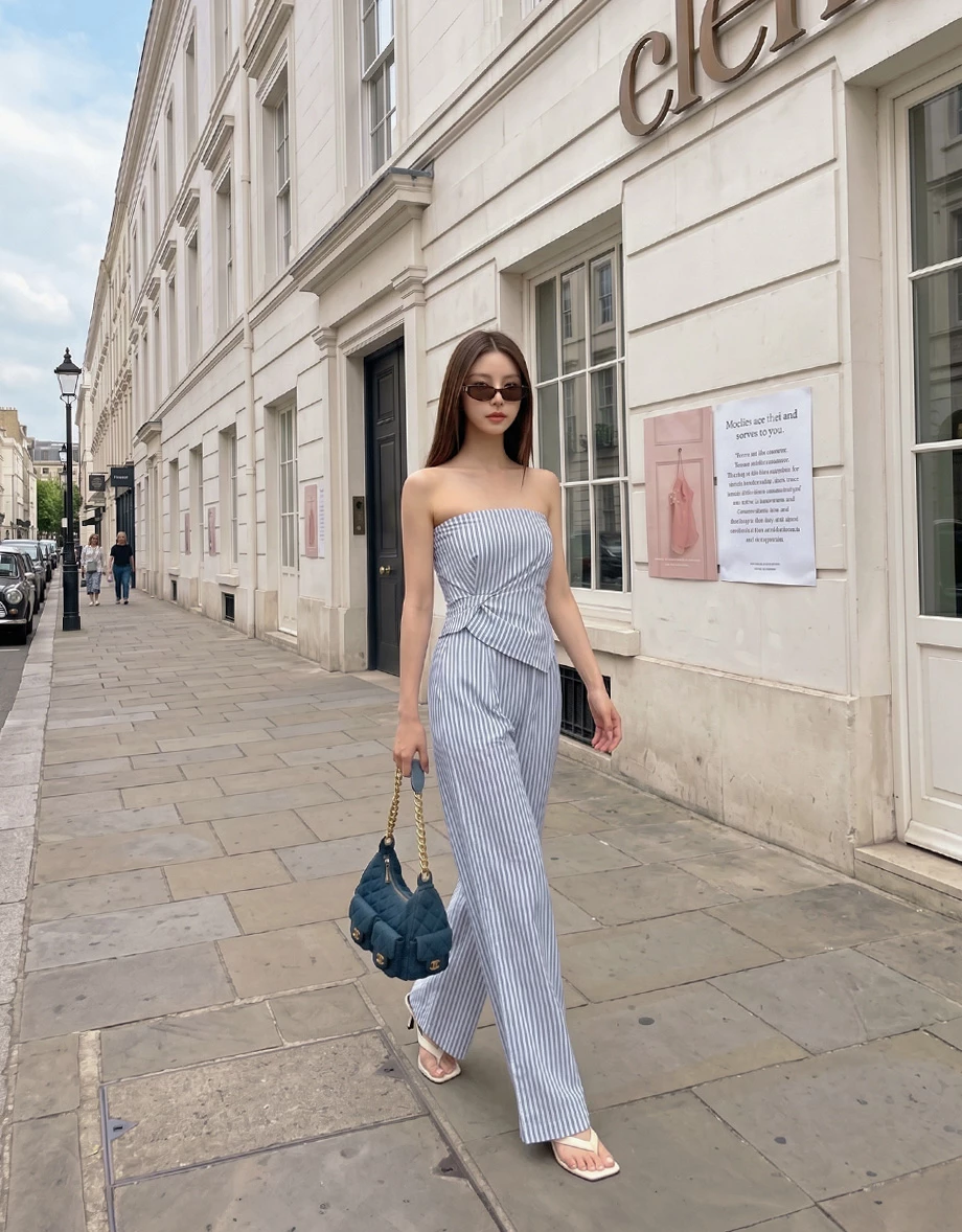 Asymmetrical Pointed Hem Side Wrap Ruched Detail Stripe Strapless Padded Jumpsuit