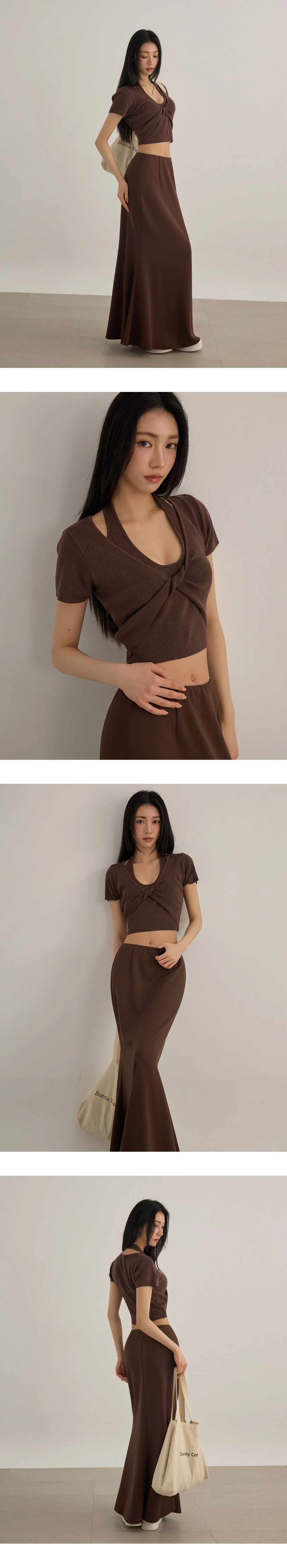 假兩件繞頸坦克背心扭結短袖短版針織衫