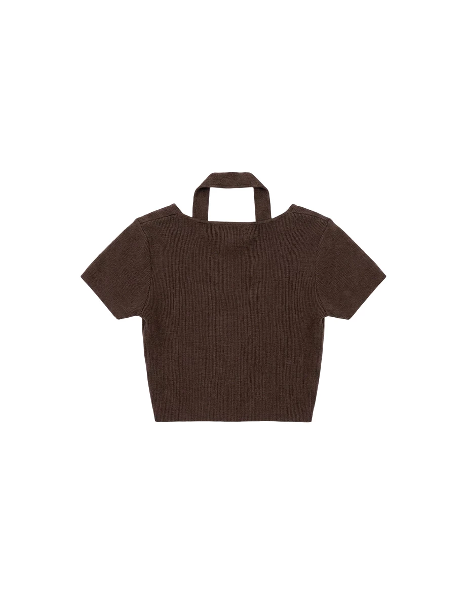 假兩件繞頸坦克背心扭結短袖短版針織衫