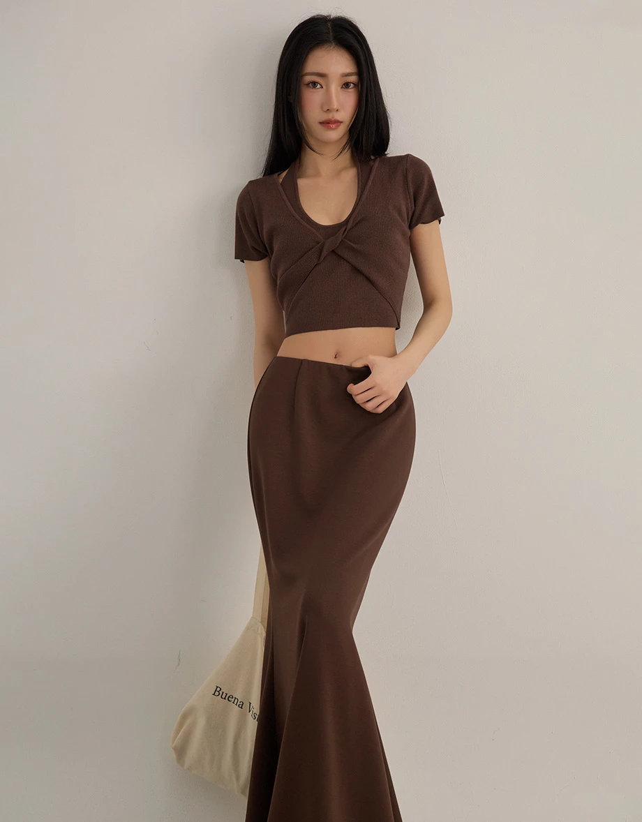 假兩件繞頸坦克背心扭結短袖短版針織衫