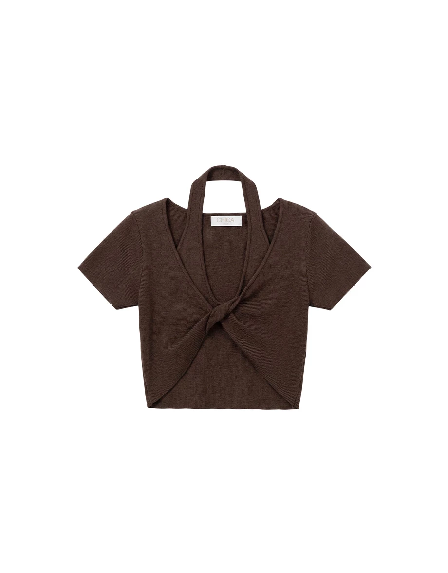 假兩件繞頸坦克背心扭結短袖短版針織衫