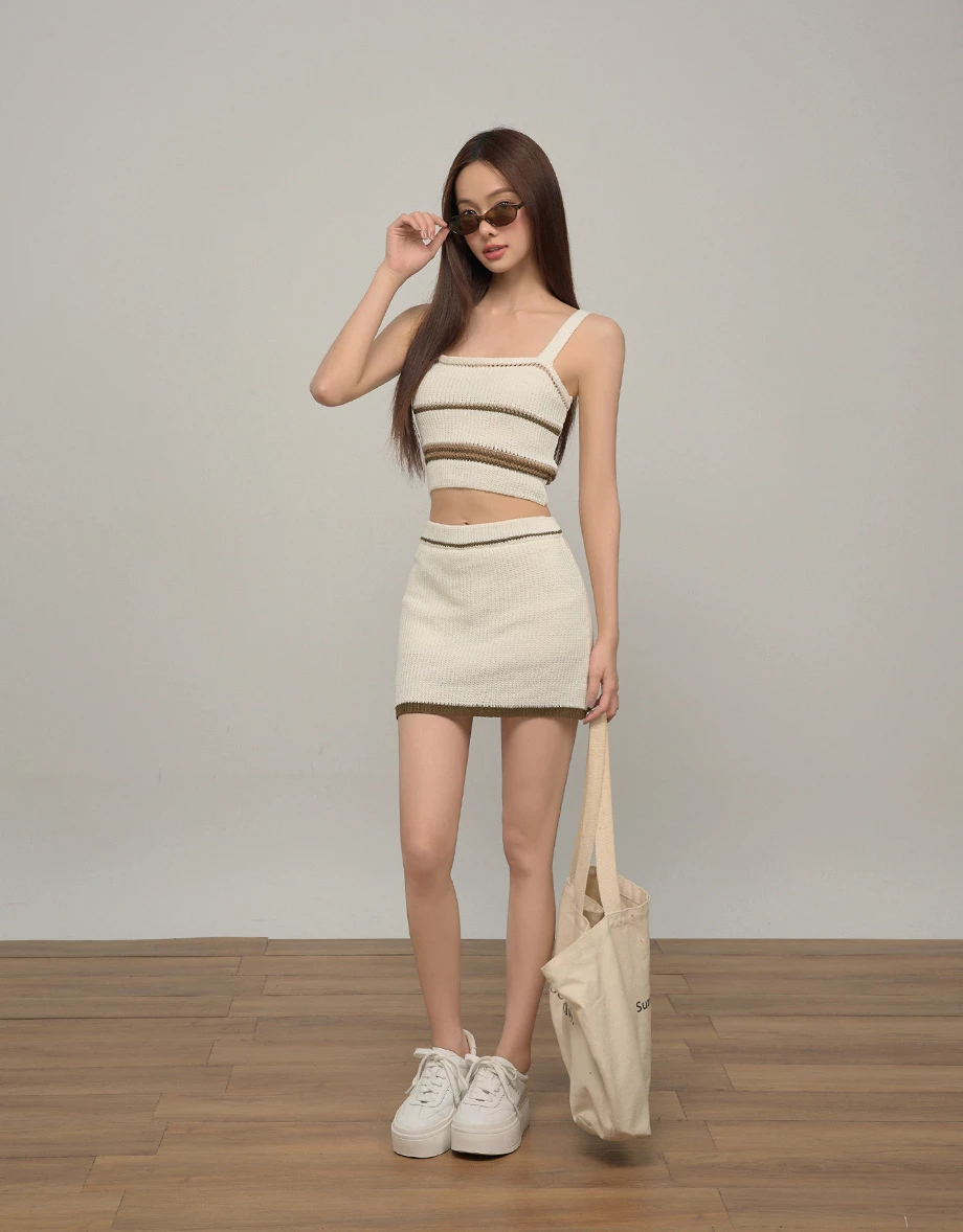 Contrast Trim Striped Crocheted Knit Tank Top