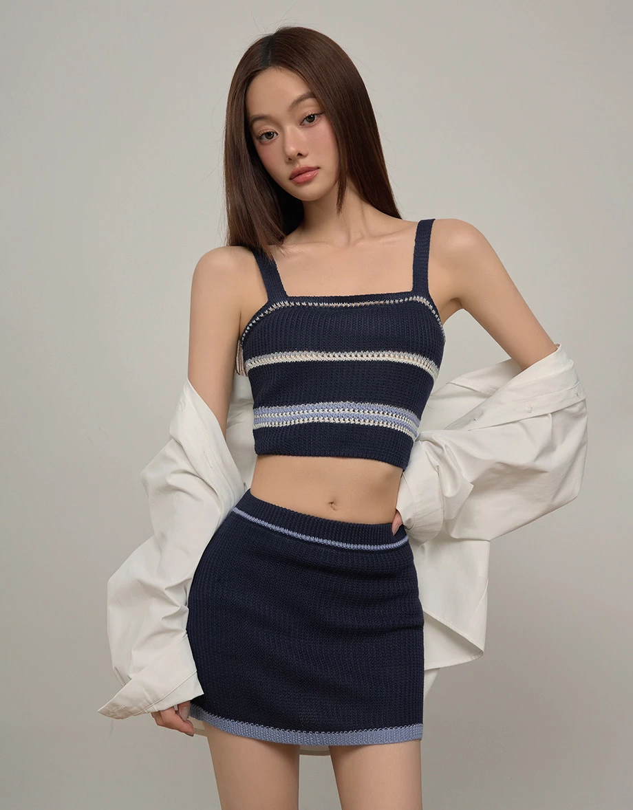 Contrast Trim Striped Crocheted Knit Tank Top