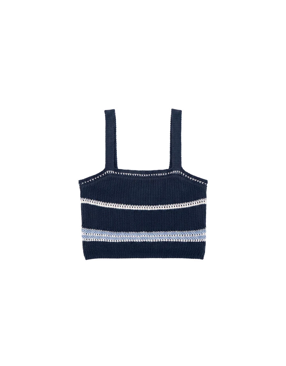 Contrast Trim Striped Crocheted Knit Tank Top