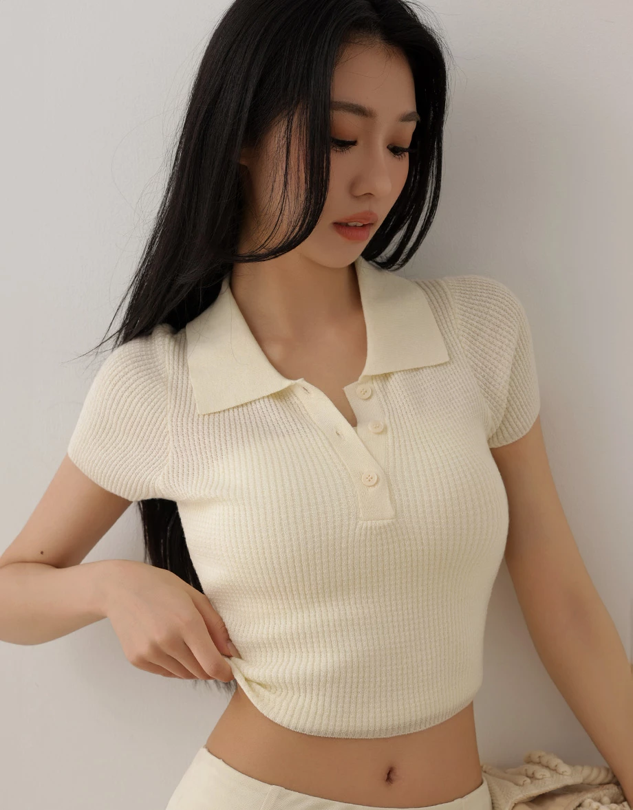純色短袖短版華夫格針織POLO衫