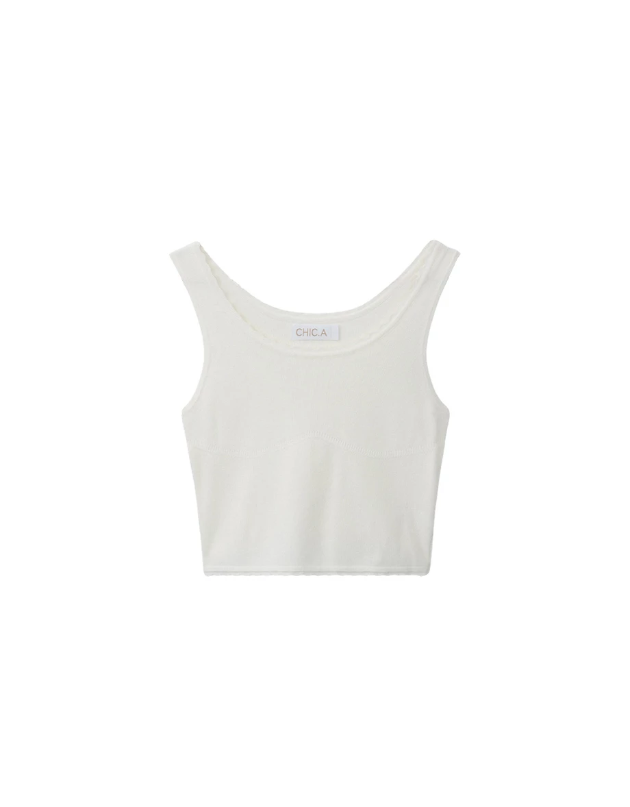 Wide Strap Scalloped Trim Ribbed Knit Tank Top