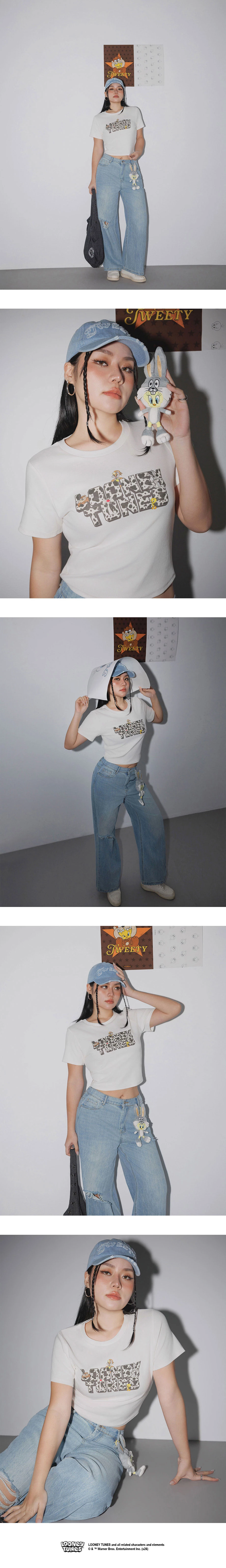 【樂一通】 乳牛斑紋字母印花圓領短袖短版合身TEE