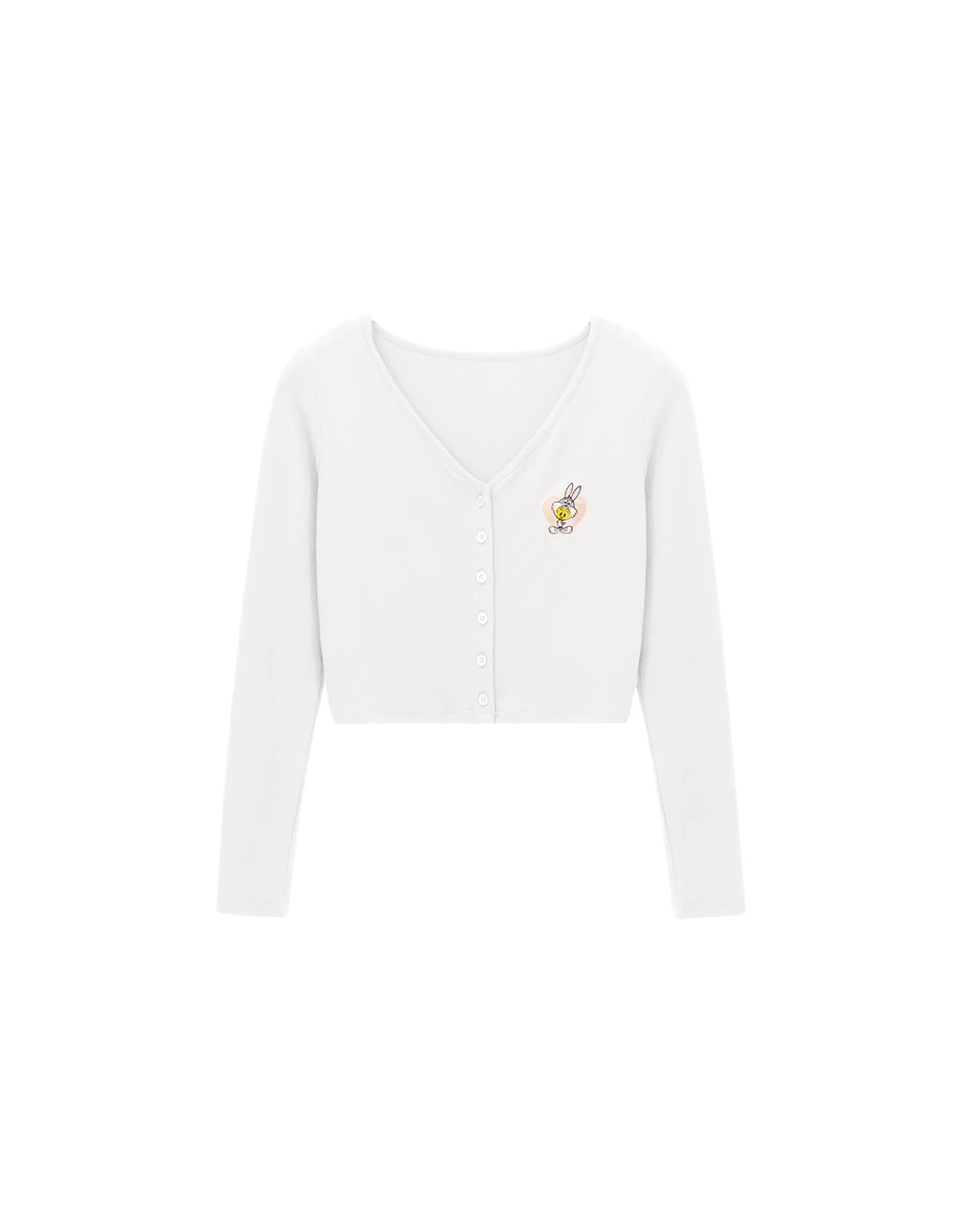 【樂一通】 印花字母V領長袖排扣開襟衫 【樂一通】 印花字母V領長袖排扣開襟衫