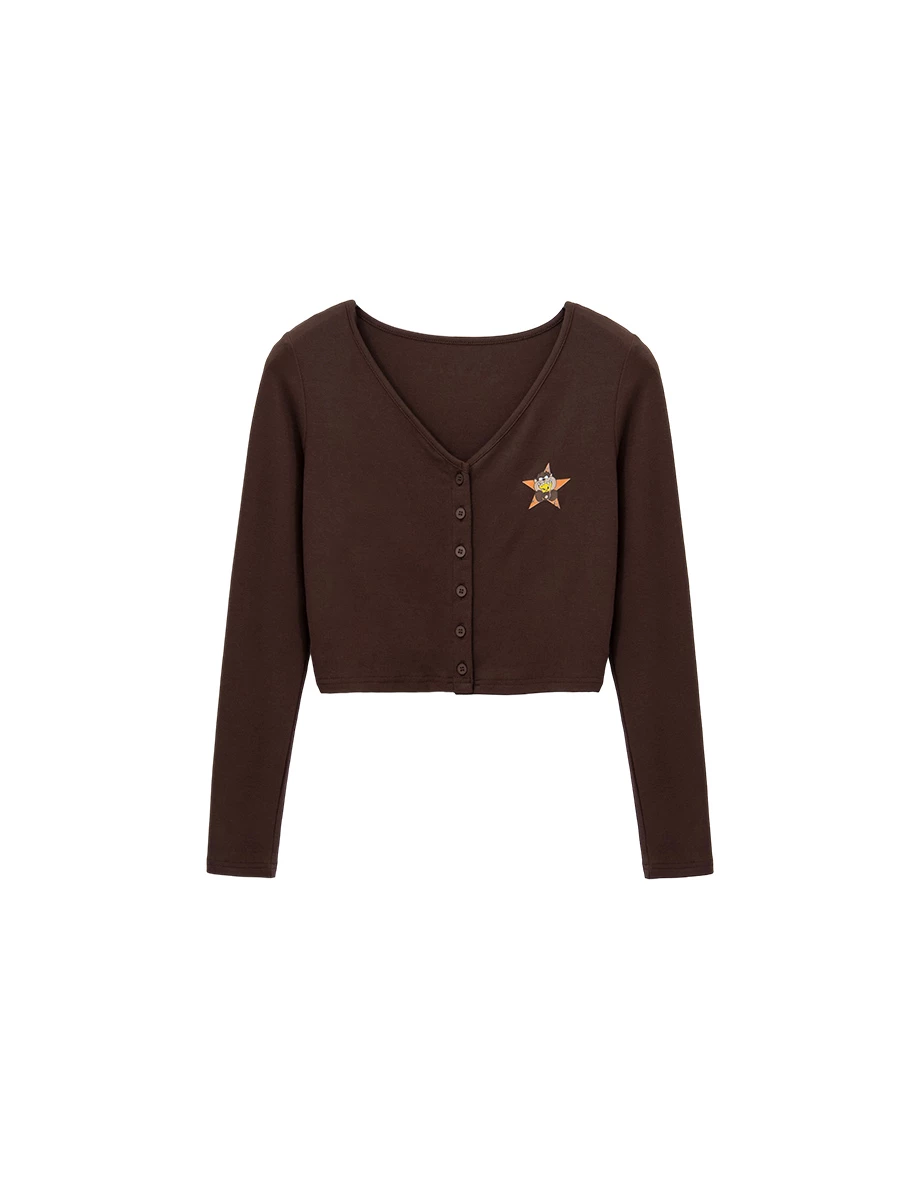 【樂一通】 印花字母V領長袖排扣開襟衫