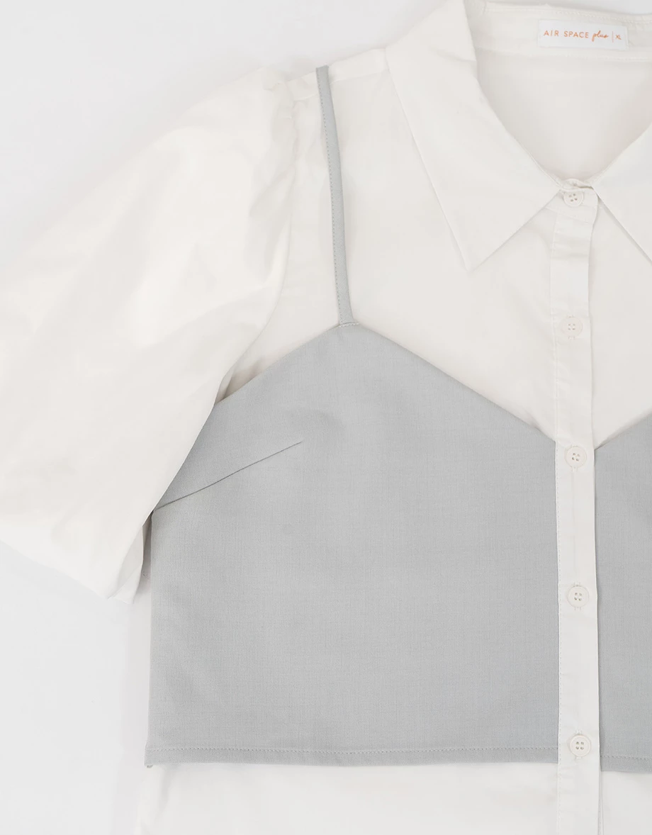 假兩件桃心領細肩帶背心澎袖純棉襯衫