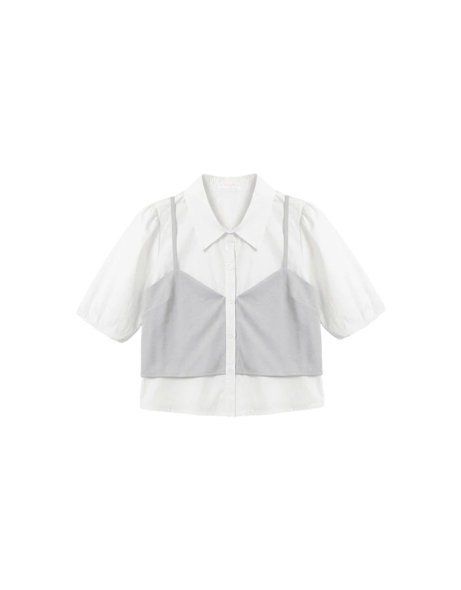 假兩件桃心領細肩帶背心澎袖純棉襯衫