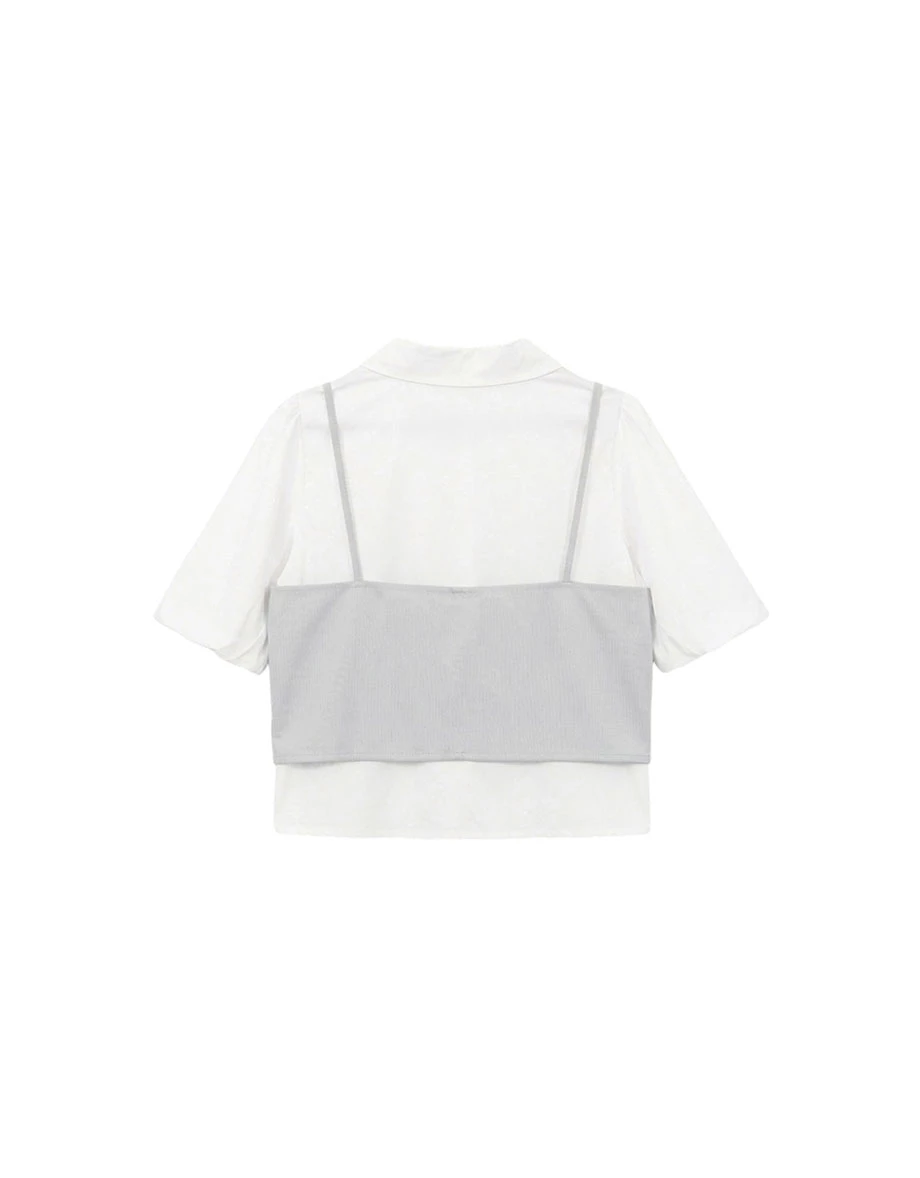 假兩件桃心領細肩帶背心澎袖純棉襯衫