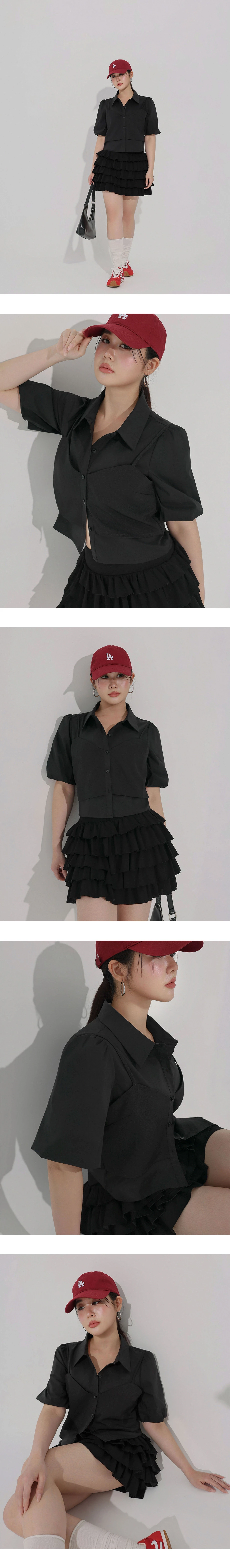 假兩件桃心領細肩帶背心澎袖純棉襯衫