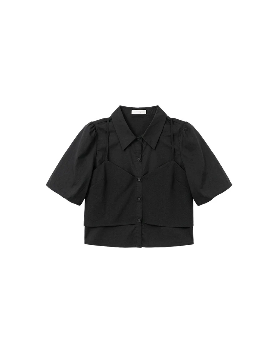 假兩件桃心領細肩帶背心澎袖純棉襯衫