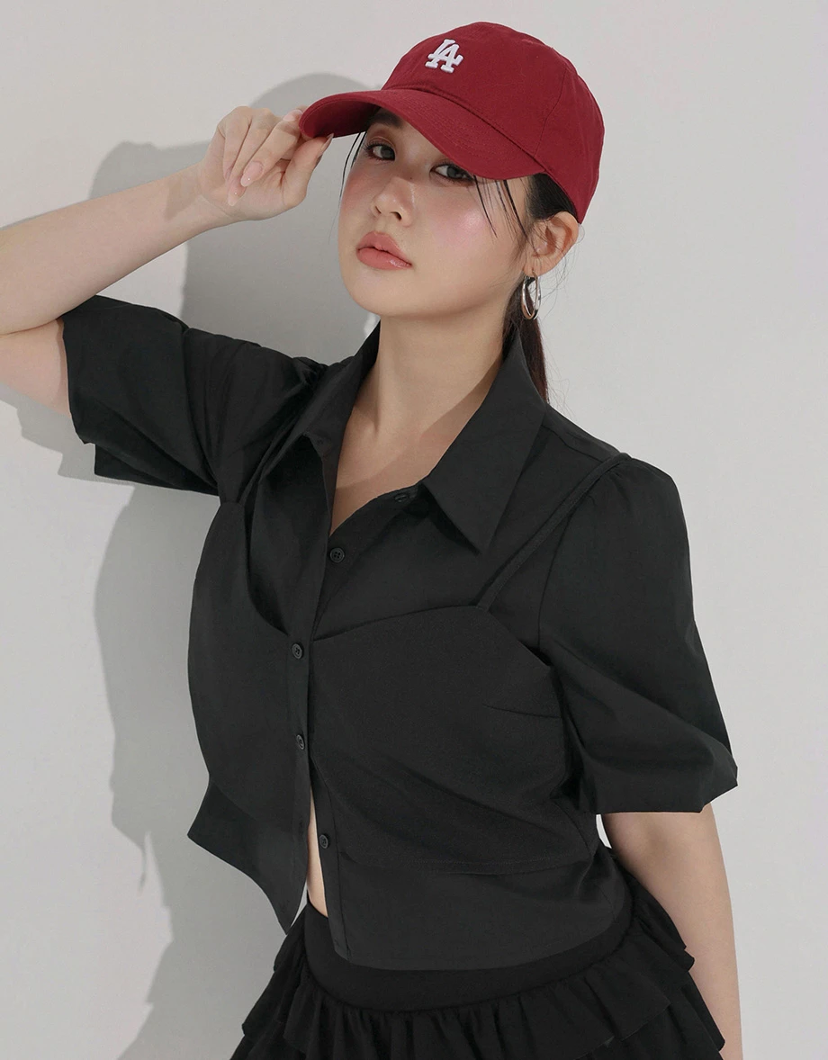 假兩件桃心領細肩帶背心澎袖純棉襯衫