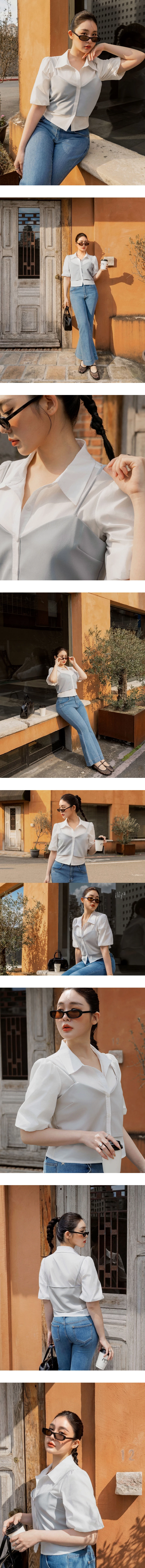 假兩件桃心領細肩帶背心澎袖純棉襯衫