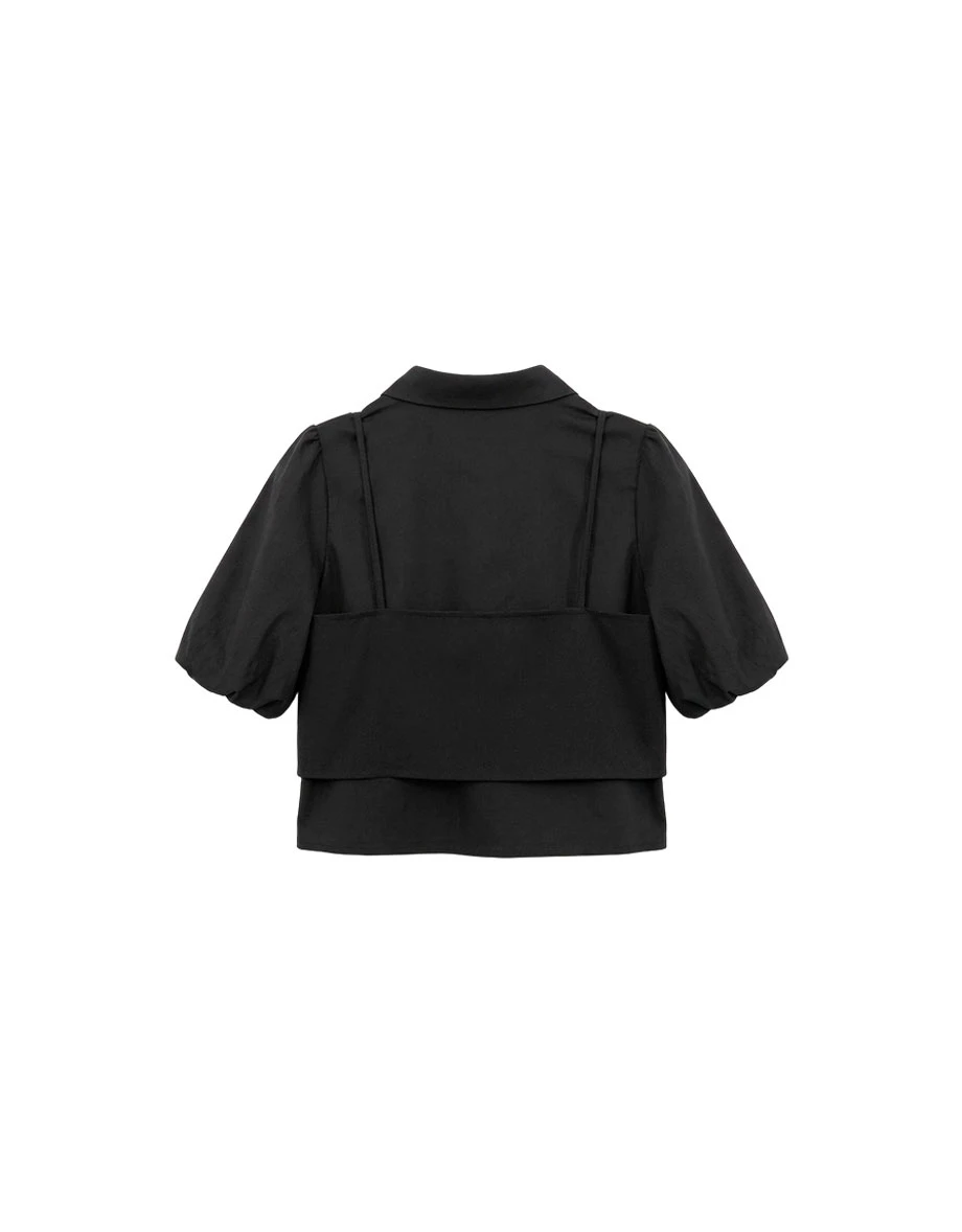 假兩件桃心領細肩帶背心澎袖純棉襯衫