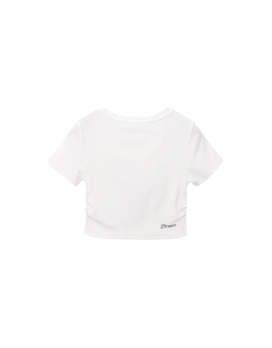 【樂一通】 崔弟款印花鉚釘裝飾圓領側抽皺短袖短版 TEE 【樂一通】 崔弟款印花鉚釘裝飾圓領側抽皺短袖短版 TEE