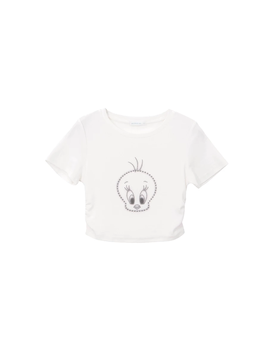 【樂一通】 崔弟款印花鉚釘裝飾圓領側抽皺短袖短版 TEE 【樂一通】 崔弟款印花鉚釘裝飾圓領側抽皺短袖短版 TEE