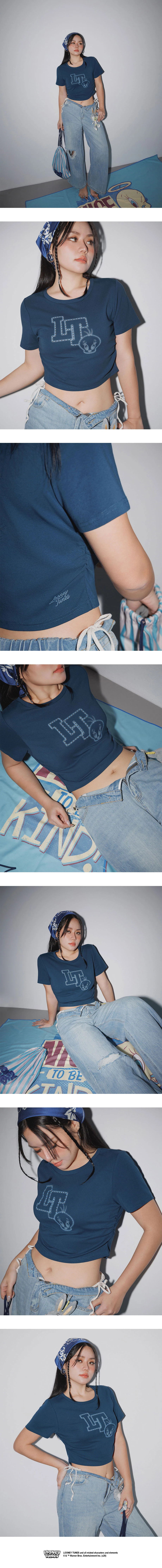 【樂一通】 崔弟款印花鉚釘裝飾圓領側抽皺短袖短版 TEE 【樂一通】 崔弟款印花鉚釘裝飾圓領側抽皺短袖短版 TEE