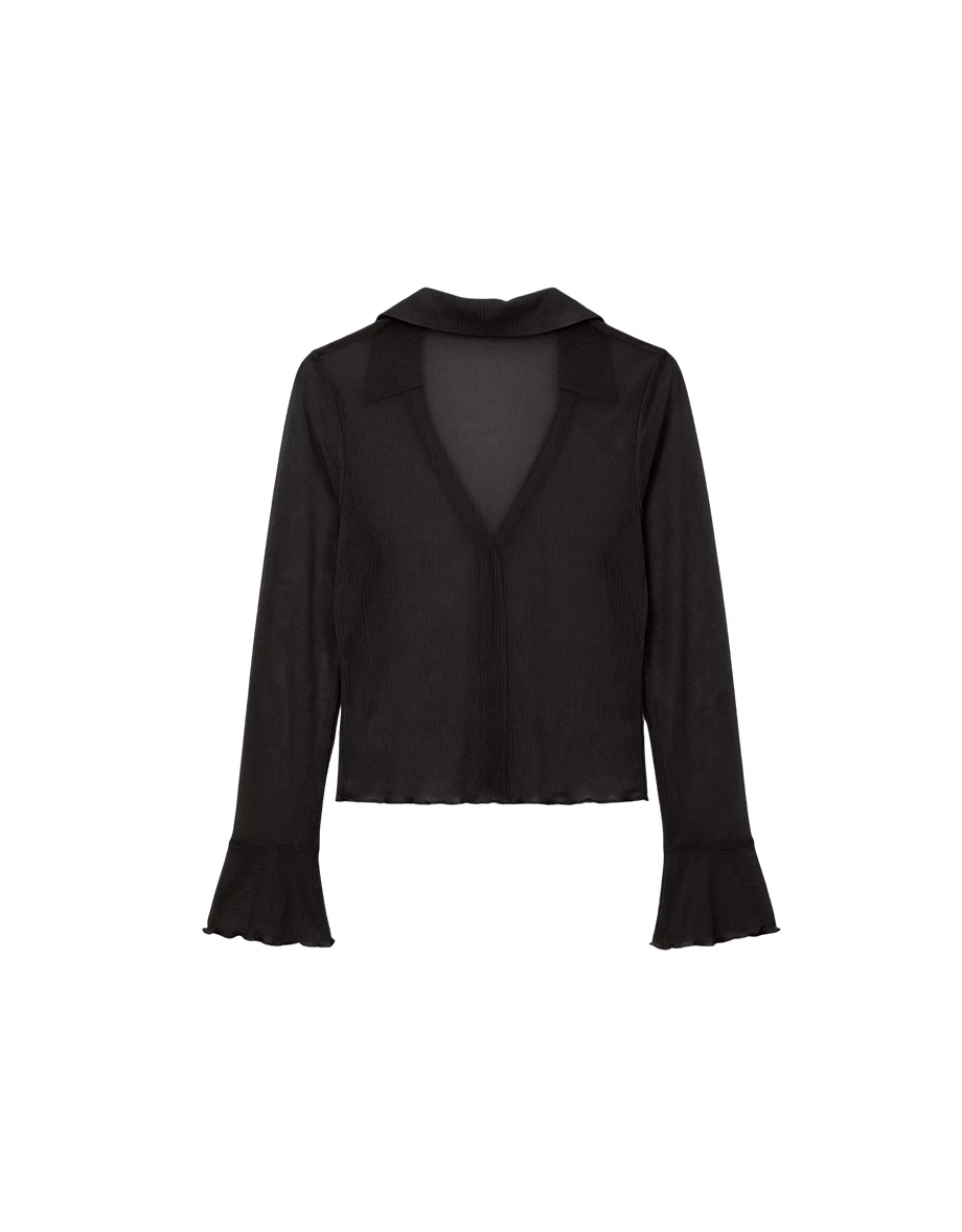 V型翻領排扣木耳邊喇叭袖透膚襯衫