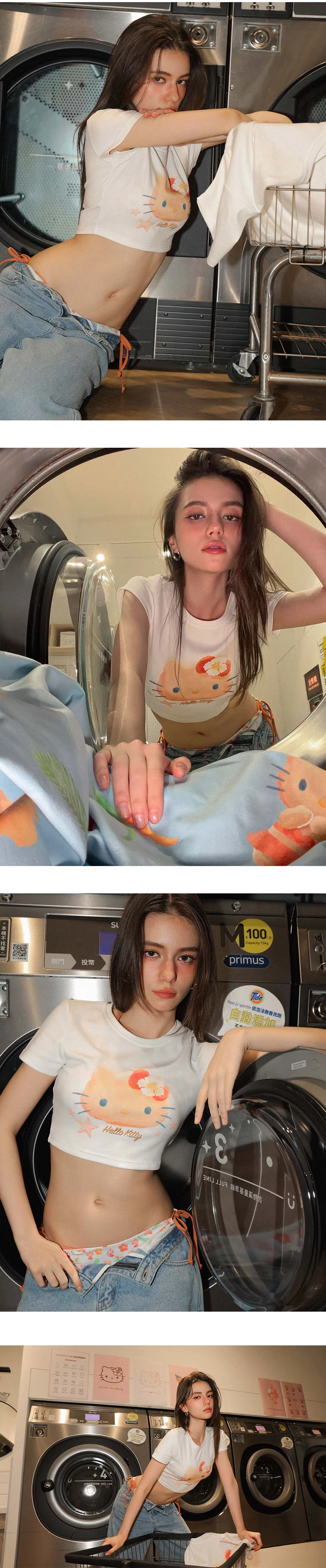 【三麗鷗聯名】烤焦版KITTY海星扶桑花印花短袖短版TEE